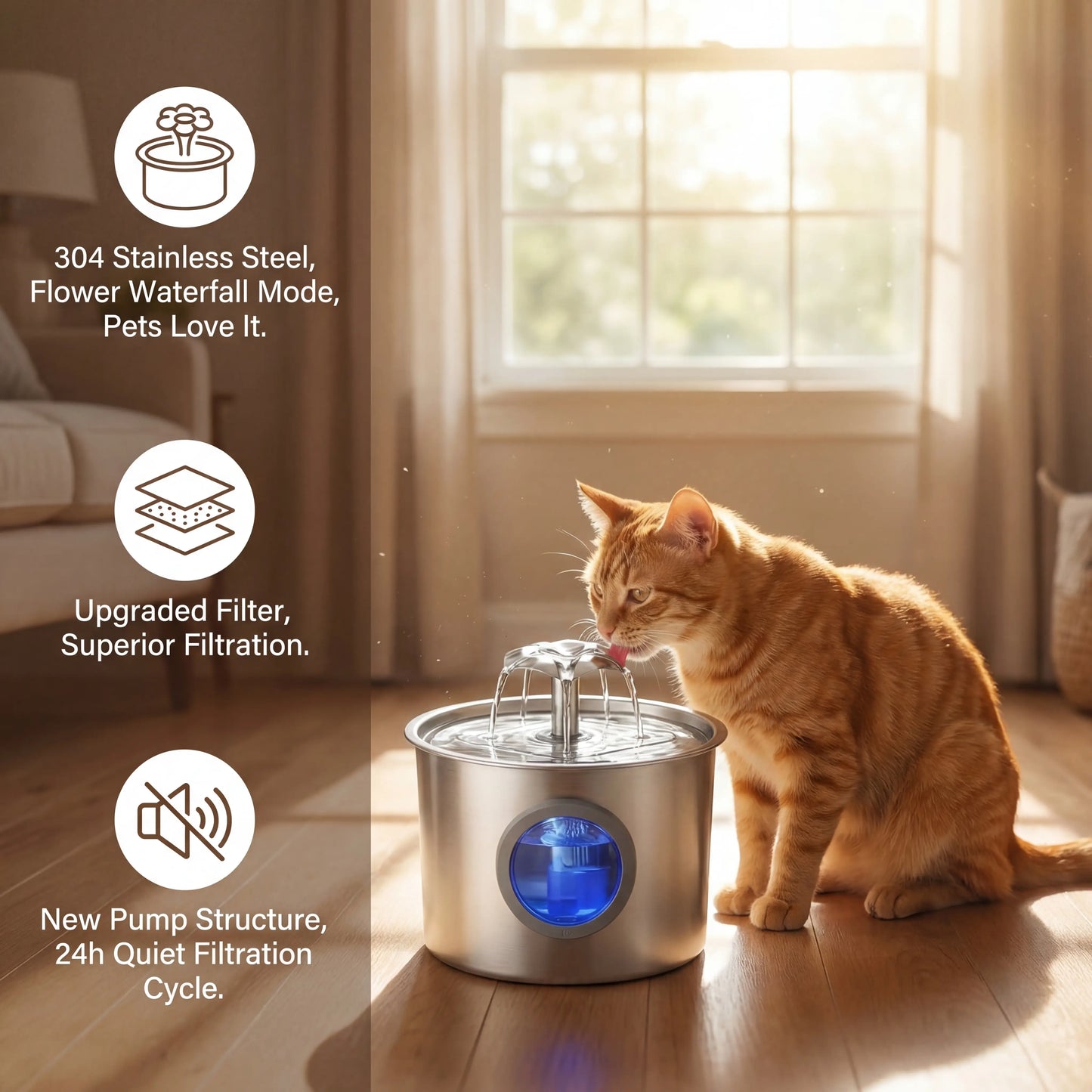 Super Silent Cat Water Dispenser 2.2L Pet Water Dispenser Super Silent 304 Stainless Steel Water Outlet Night Light 6-Layer Filter Soft Blue LED Automatic Gravity Water Supply | Wired Plug in Model | Leak Proof Design | Easy to Clean | Easy to Install