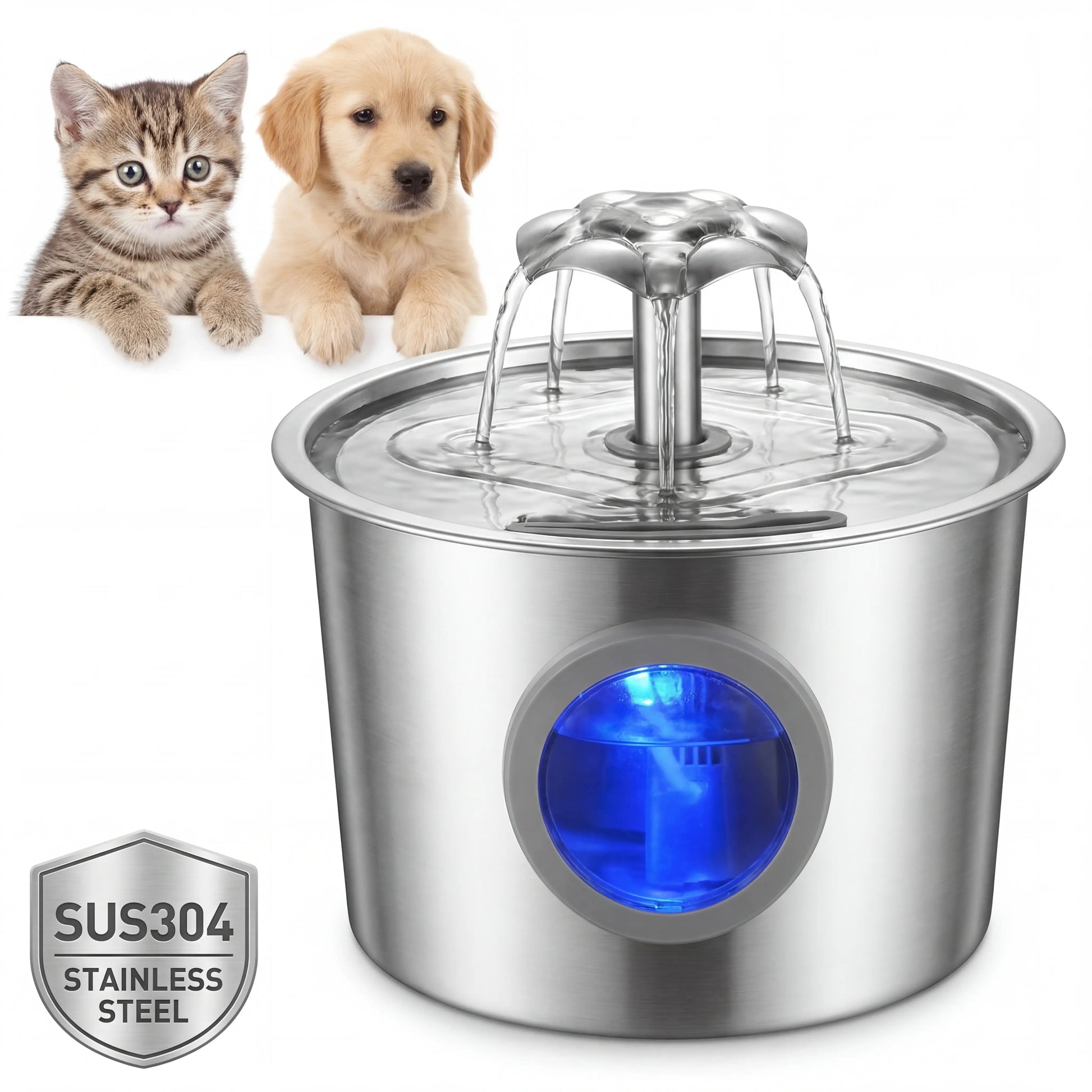 Super Silent Cat Water Dispenser 2.2L Pet Water Dispenser Super Silent 304 Stainless Steel Water Outlet Night Light 6-Layer Filter Soft Blue LED Automatic Gravity Water Supply | Wired Plug in Model | Leak Proof Design | Easy to Clean | Easy to Install
